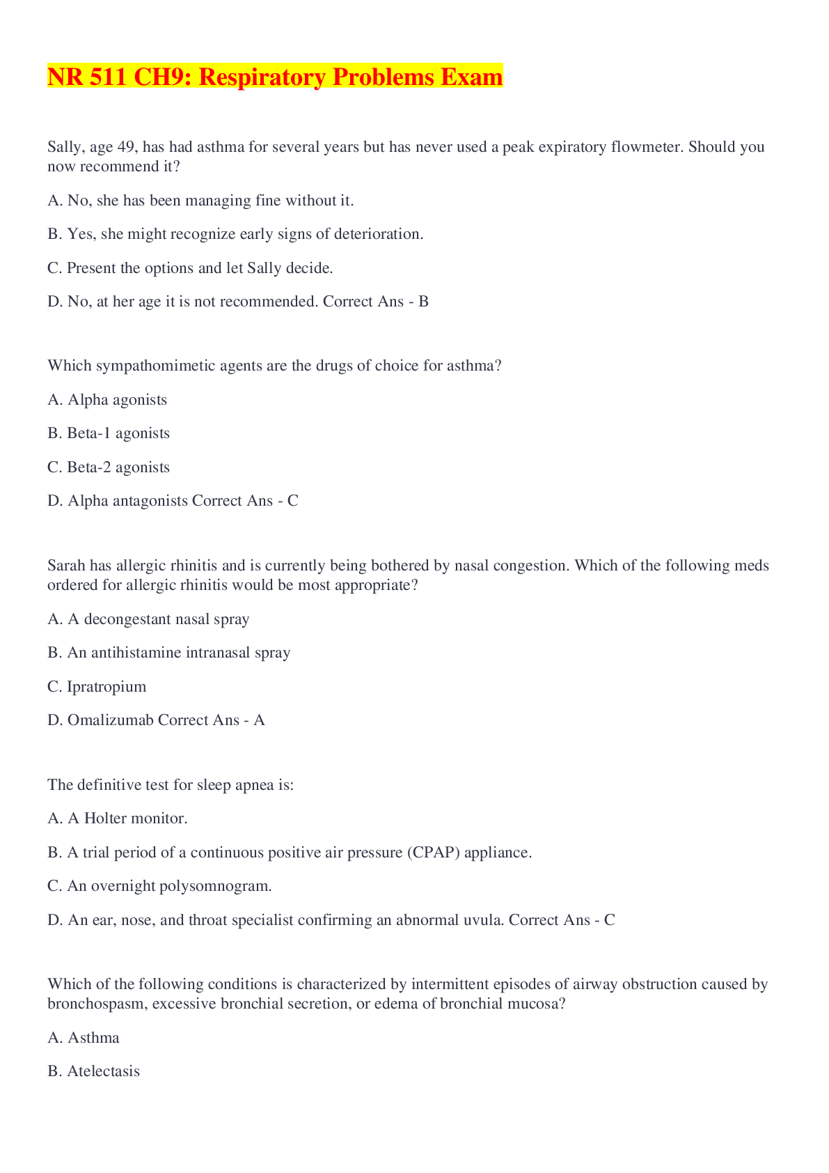 Preview image of NR 511 CH9: Respiratory Problems Exam document
